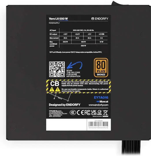 Endorfy Vero L6 550W Black Computer Power Supply Full Wired 80 Plus Bronze