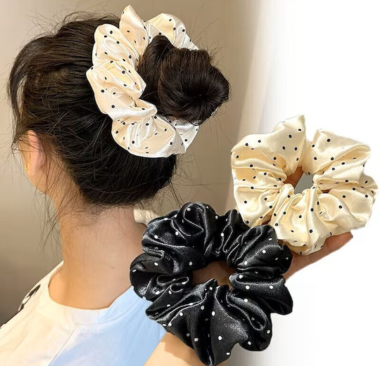 By Queen Scrunchie Satin Polka Dot Black Base Ecru Random Selection