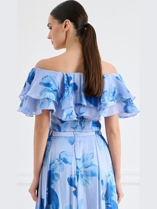 Women's Blouse Off-Shoulder with Neckline with Zipper Floral Sky Blue