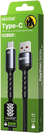 WK Cablu USB 2.0 LED Braided USB-C Masculin - USB-A 88W PD Negru 1.2m 250961