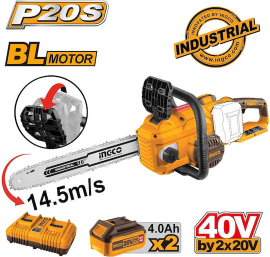 Ingco Αλυσοπρίονο Μπαταρίας 2x4Ah Brushless 20V 6.2kg με Λάμα 40cm