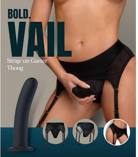 Black Underwear Strap On Garters & Silicone Dildo Dreamtoys Bold Vail Strap On Garter Thong Dildo Black 15.5cm