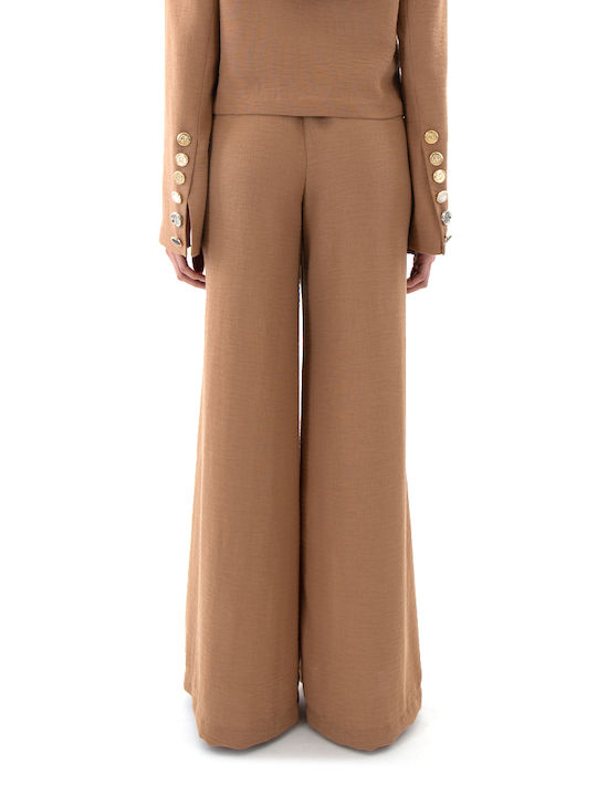 Pants Women C.manolo Γυναικεία Ψηλόμεση Παντελόνα με Λάστιχο Camel