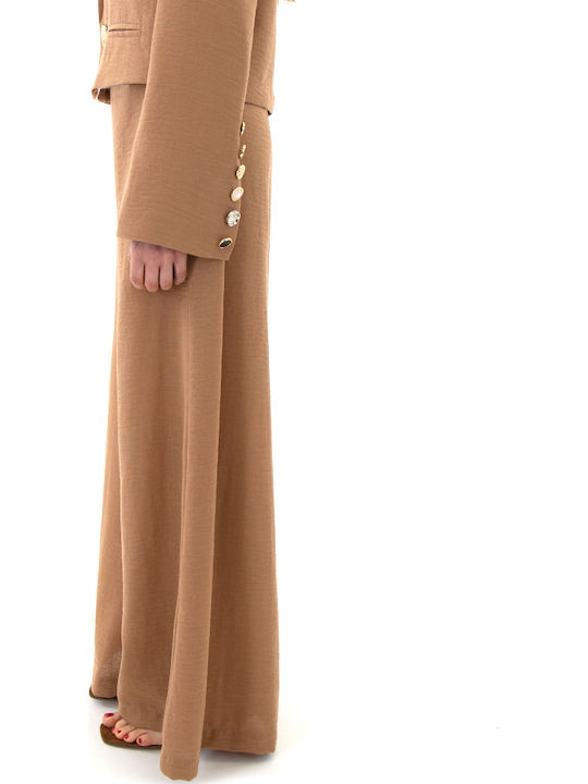 Pants Women C.manolo Γυναικεία Ψηλόμεση Παντελόνα με Λάστιχο Camel