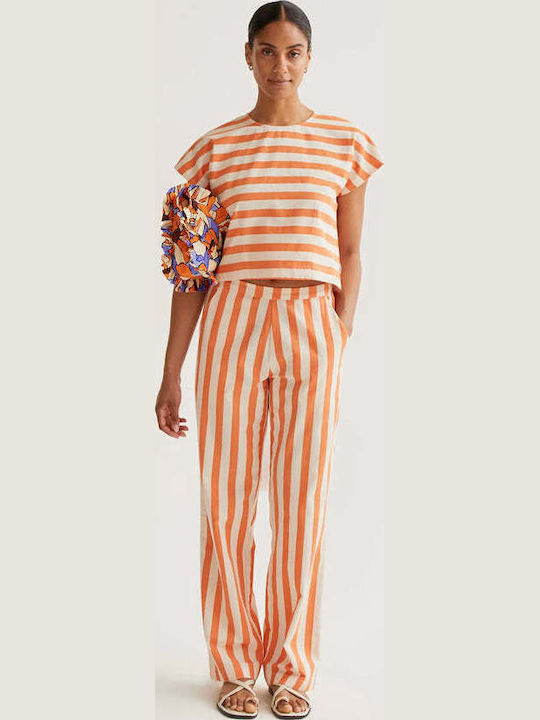 Women's High Rise Fabric Trousers with Rubber Band in Regular Fit Orange
