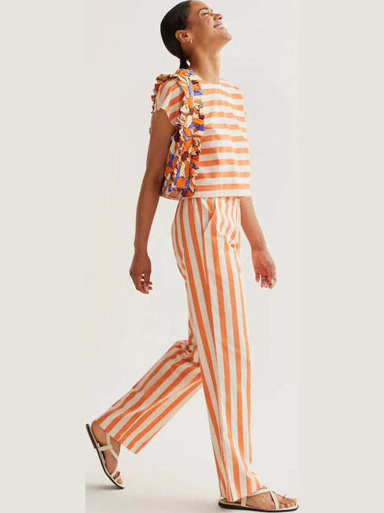 Women's High Rise Fabric Trousers with Rubber Band in Regular Fit Orange