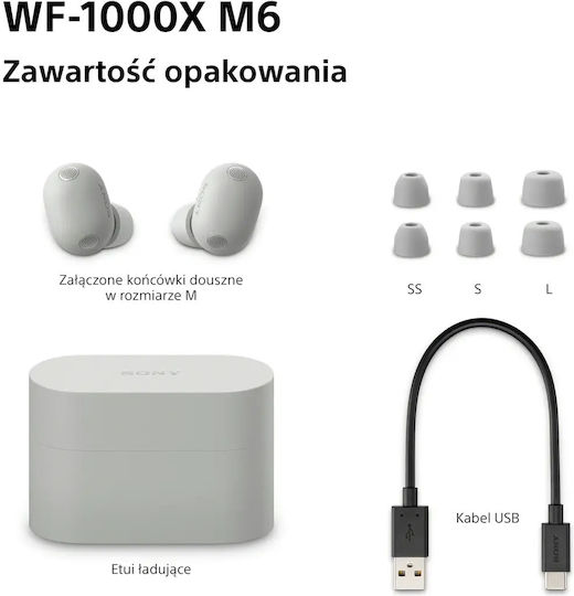 Sony WF-1000XM6 In-ear Casti Bluetooth Handsfree cu Rezistență la Transpirație și Husă de Încărcare Platinum Silver