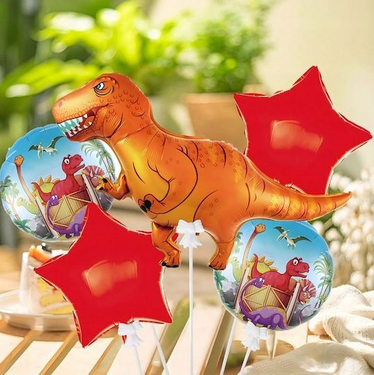 Set 5 Baloane Rotunde Zi De Naștere Dinozauri Folie Roșii Jumbo 104 cm