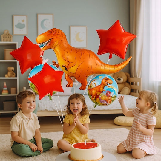 Set 5 Baloane Rotunde Zi De Naștere Dinozauri Folie Roșii Jumbo 104 cm