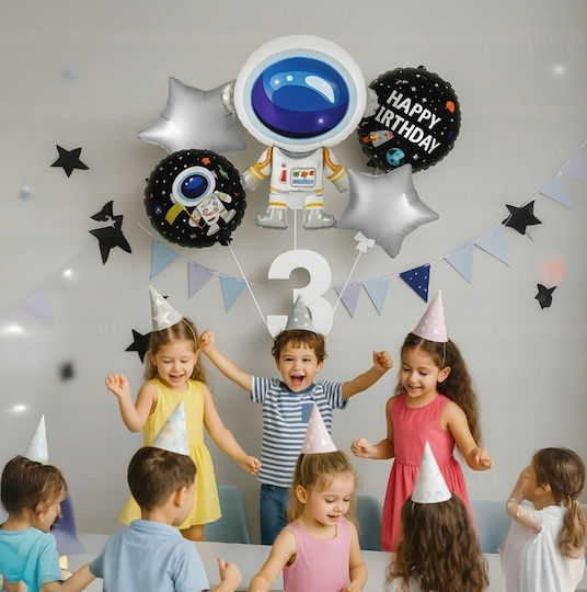 Set 5 Baloane Rotunde Zi De Naștere Astronauți Folie Argintii Jumbo 80 cm