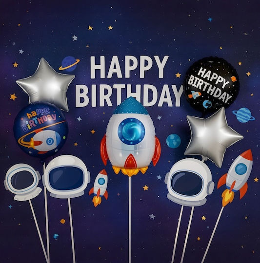 Set 5 Baloane Rotunde Zi De Naștere Astronauți Folie Argintii Jumbo 66 cm