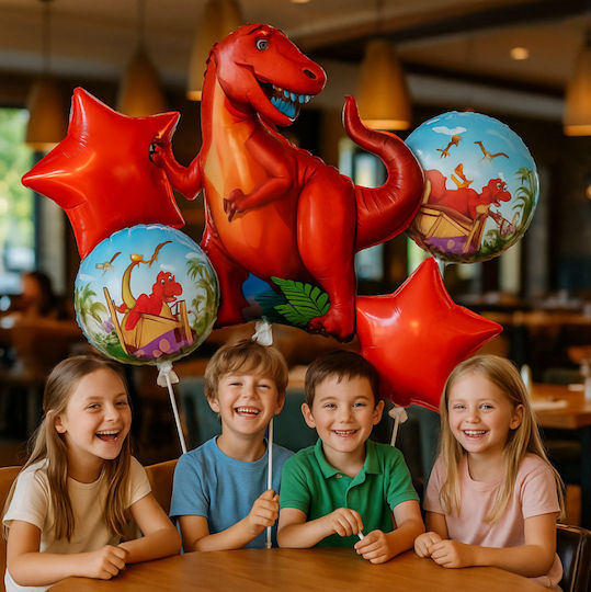 Set 5 Baloane Rotunde Zi De Naștere Dinozauri Folie Roșii Jumbo Cu LED 94 cm