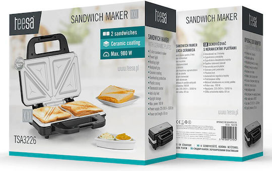 Teesa Tostieră cu Plăci Ceramice pentru 2 Sandvișuri 900W Inox