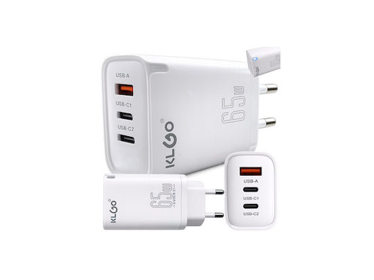 KLGO Φορτιστής Χωρίς Καλώδιο με Θύρα USB-A και 2 Θύρες USB-C 65W Power Delivery / Quick Charge 3.0 Λευκός (PD-71)
