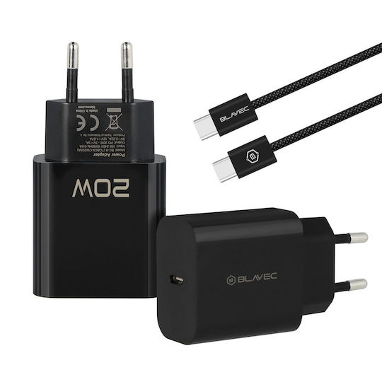 Blavec Ladegerät mit USB-C Anschluss und Kabel USB-C - USB-C 20W Stromlieferung / Schnellaufladung 3.0 Schwarzs (BC-9)