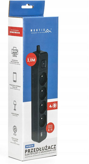 Montis Steckdosenleiste 4 Steckdosen mit USB-A und Kabel 3m