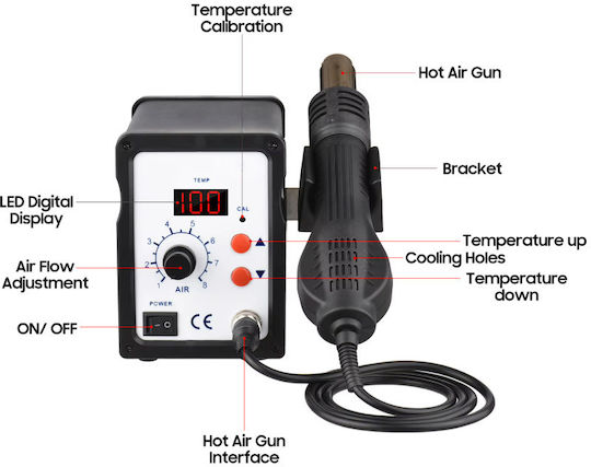 Stație de Lipit cu Aer Cald Zola Reglare Temperatură și Flux de Aer 100° la 500° 3 Duze Incluse Afișaj Lcd 680 W Ac 220v±10%/50hz