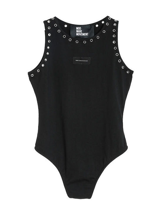 Mwm Slim Bodysuit Studded Neckline Black Γυναικειο Κορμακι Μαυρο