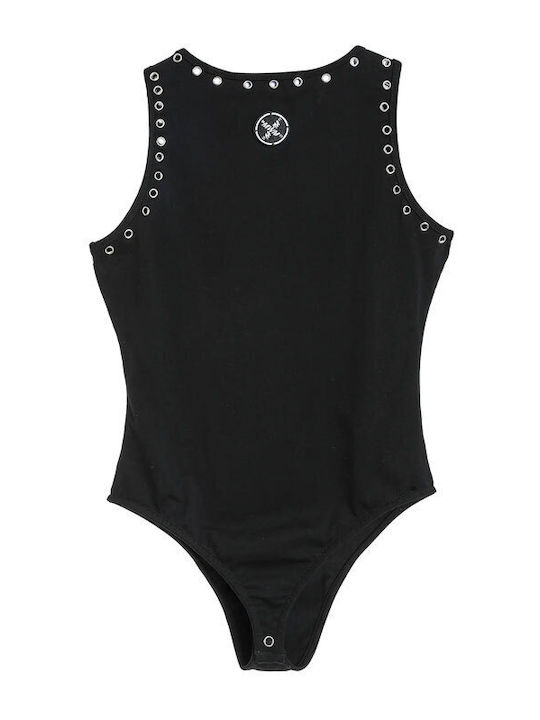 Mwm Slim Bodysuit Studded Neckline Black Γυναικειο Κορμακι Μαυρο