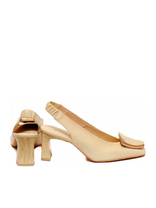 Leather Heels with Chunky Mid Heel Beige