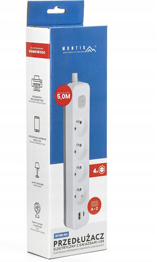 Montis Πολύπριζο 4 Θέσεων με USB-A και Καλώδιο 5m