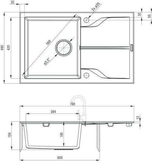 Deante Drop-In Küchenspüle aus Flüssigem Granit mit Wasserhahn M49xP78cm Graues