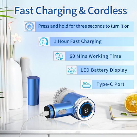 Perie Electrică Curățare Diverse Suprafețe Zola 5 Capete Incluse Afișaj Lcd Încărcare Usb Plastic Impermeabil Albastră
