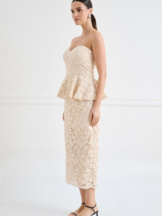 Peplum Summer Midi Dress for Wedding / Christening Strapless with Lace Beige