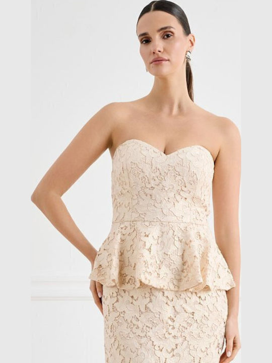 Peplum Summer Midi Dress for Wedding / Christening Strapless with Lace Beige