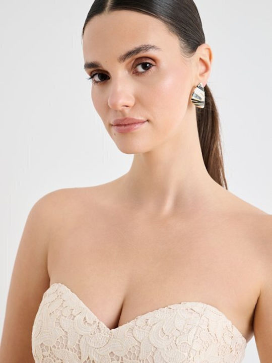 Peplum Summer Midi Dress for Wedding / Christening Strapless with Lace Beige