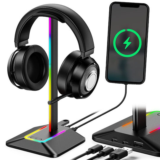Suport Pentru Căști On-ear Iluminare LED RGB Zola Multifuncțional 2 Porturi USB 2.0 Încorporate Cablu Alimentare Aluminiu Plastic 12.3 X 10.3 X 26.7 Cm Negru