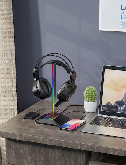 Suport Pentru Căști On-ear Iluminare LED RGB Zola Multifuncțional 2 Porturi USB 2.0 Încorporate Cablu Alimentare Aluminiu Plastic 12.3 X 10.3 X 26.7 Cm Negru