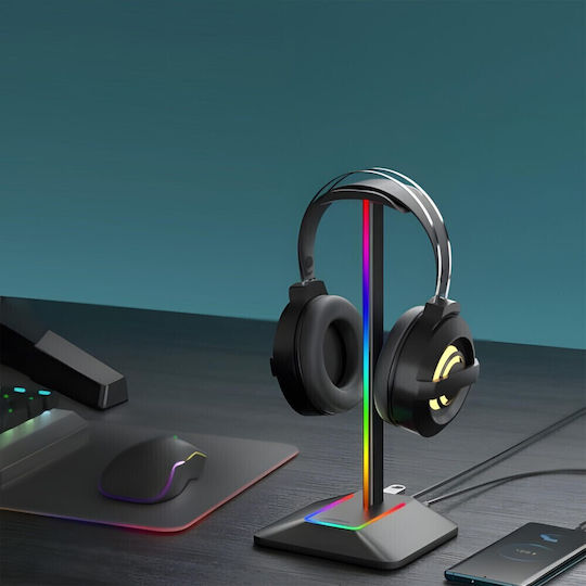 Suport Pentru Căști On-ear Iluminare LED RGB Zola Multifuncțional 2 Porturi USB 2.0 Încorporate Cablu Alimentare Aluminiu Plastic 12.3 X 10.3 X 26.7 Cm Negru