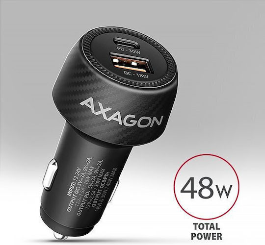 Axagon Handy-Autoladegerät 48W 2.4A Schnellladen mit Anschlüssen: 1xUSB 1xType-C Schwarz Farbe