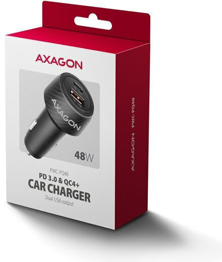 Axagon Handy-Autoladegerät 48W 2.4A Schnellladen mit Anschlüssen: 1xUSB 1xType-C Schwarz Farbe
