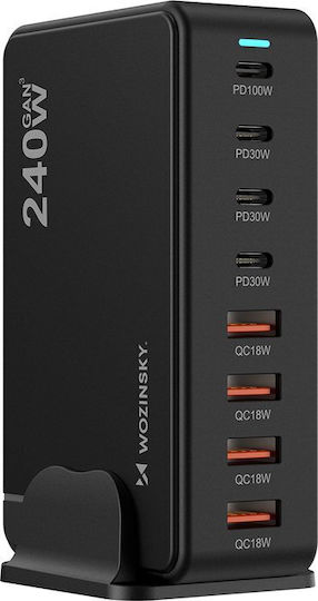 Wozinsky Charging Stand GaN with 3 USB-A Ports and 5 USB-C Ports 240W Power Delivery / Quick Charge 4.0 in Black color (WSL-240)
