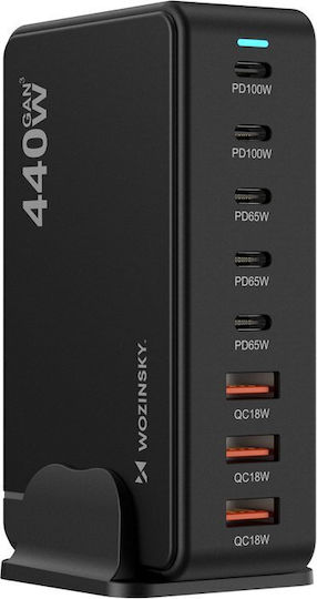 Wozinsky Charging Stand GaN with 3 USB-A Ports and 5 USB-C Ports 440W Power Delivery / Quick Charge 4.0 in Black color (WSL-440)