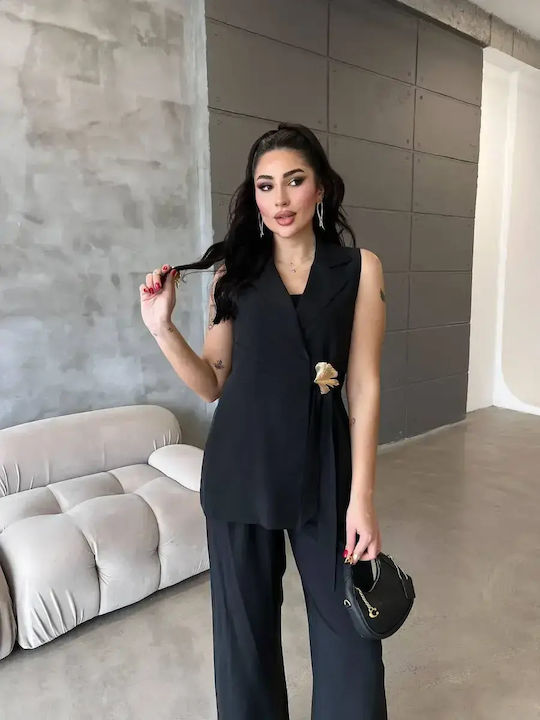 Damen Schwarz Satz mit Hochbundhose mit Gummiband