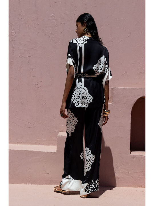 Pantaloni Largi Dama în Fit Lejer Ecru / Negru