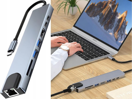 USB 3.0 Hub 10 Ports with USB-A / Ethernet Connection & Gray Charging Port