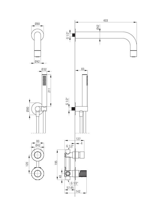 Deante Built-in Mixer Phone & Shower Head Set for Shower Gold