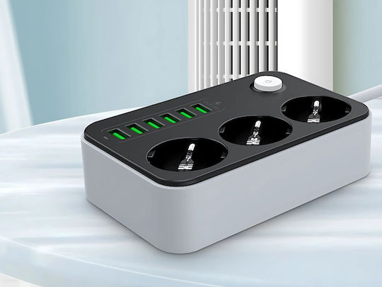 Bandă de Alimentare cu 3 Prize cu USB-A Comutator și Cablu de 2m