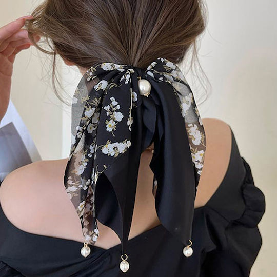Avizar Scrunchie Eșarfă Lungă Pentru Păr Din Satin Perlă Fluture Subtil Negru Negru