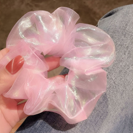 Avizar Scrunchie Lucios Pentru Păr Din Material Vaporos Stil Coreean Roz
