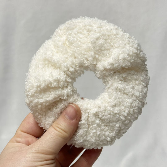 Avizar Ластик За Коса Scrunchie Вълнен От Шенил Мек Уютен Шик Бял Бял