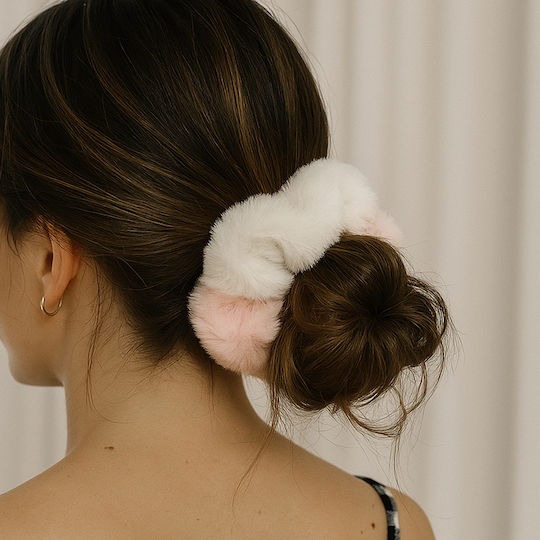 Avizar Ластик За Коса Scrunchie От Минки Плюш Двоен Мек Розово Бяло Бяло Розово