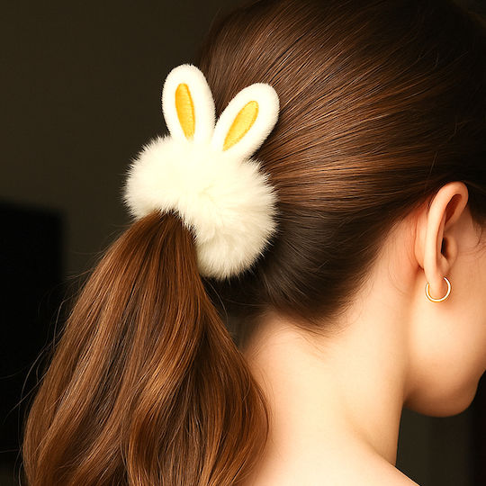 Avizar Klassischer Samt Scrunchy Flauschiges Haar Beiges Kaninchenohren Beiges