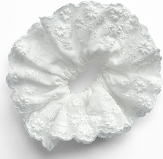 Avizar Classic Scrunchie Hair In Retro Chic White Embroidered Fabric White