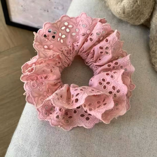 Avizar Scrunchie Clasic Pentru Păr Din Material Brodat Vintage Roz