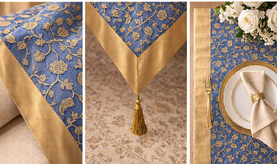 Kariert Tischdecke Blau Mit Goldenem Muster